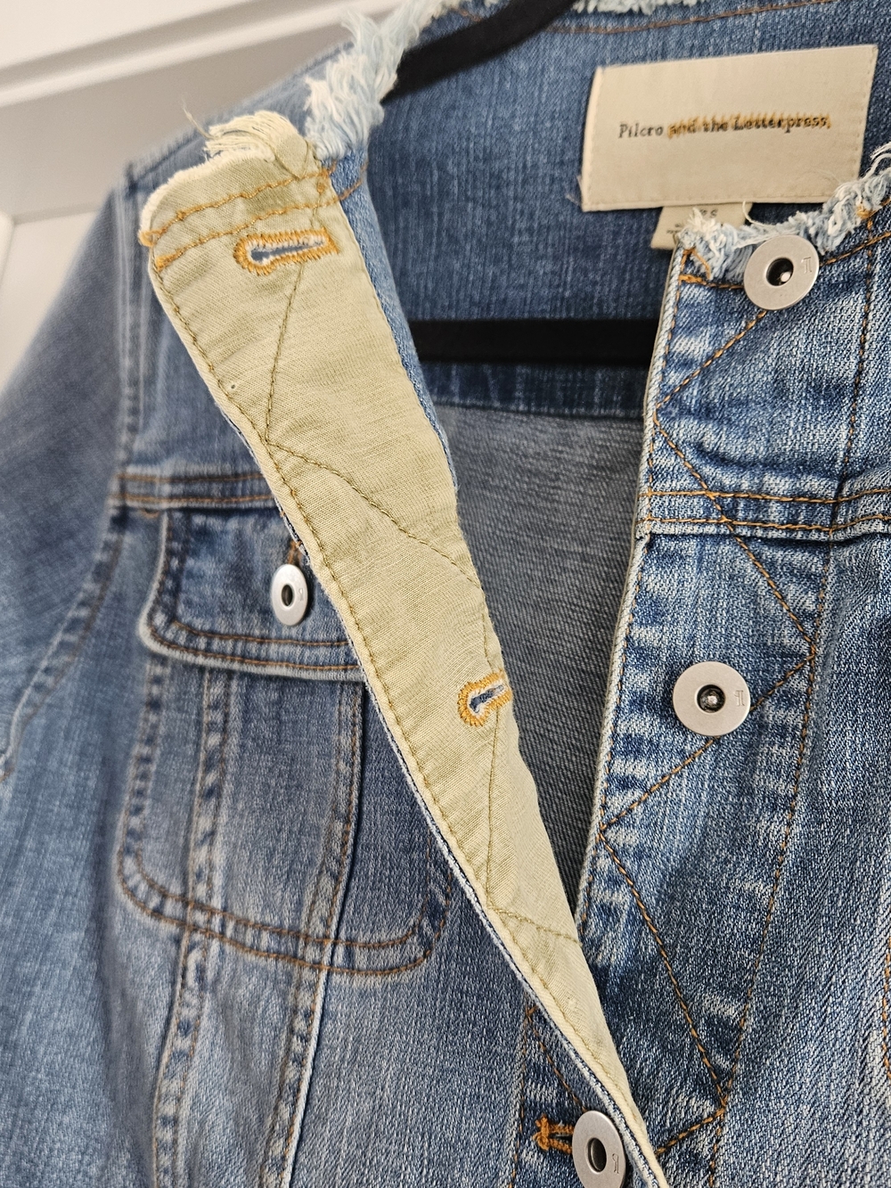 Anthro Pilcro and the Letterpress Blue Denim Peplum Jacket Olive Layer - Small - Picture 6 of 7
